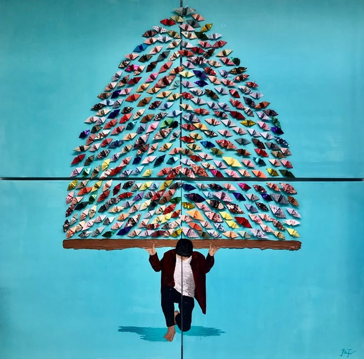 Artwork by Maria Tam: a figure kneeling beneath a tree-shaped mass of folded paper forms on a turquoise ground